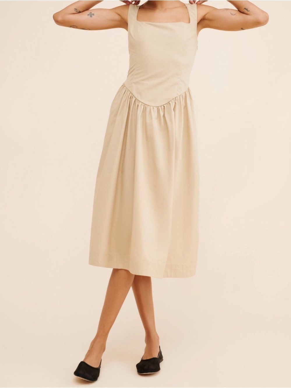 Maeve Cream Square-Neck Midi Skirt Dress